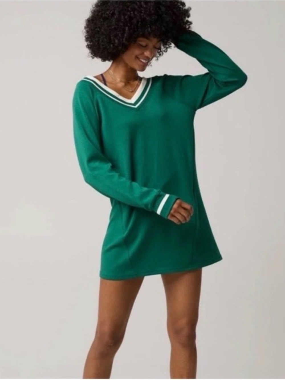 aerie varsity Green V‑Neck Pullover with White Stripe Trim